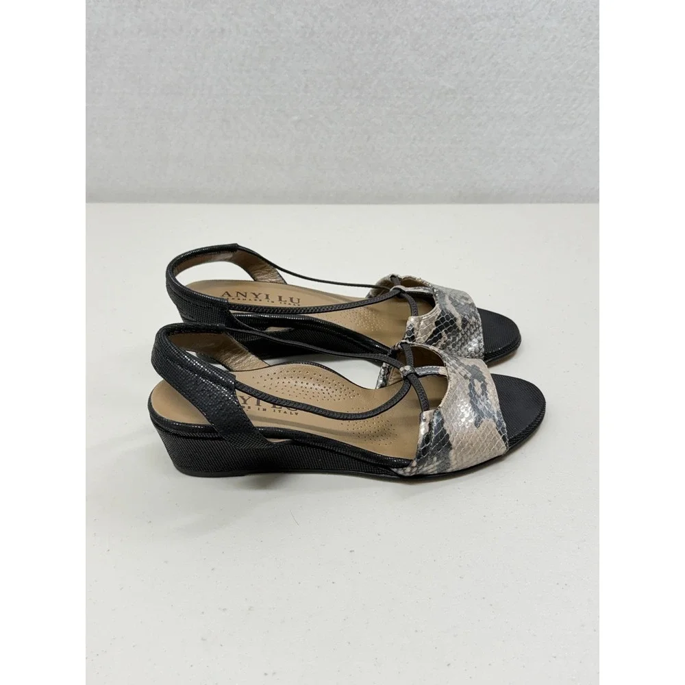 ANYI LU Italy Snakeskin Print Leather Wedge Slingback Sandals Black Silver 36 6
